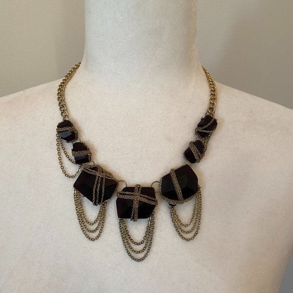 Dark Purple and Gold Chain Chunky Statement Necklace Adjustable - Picture 1 of 3